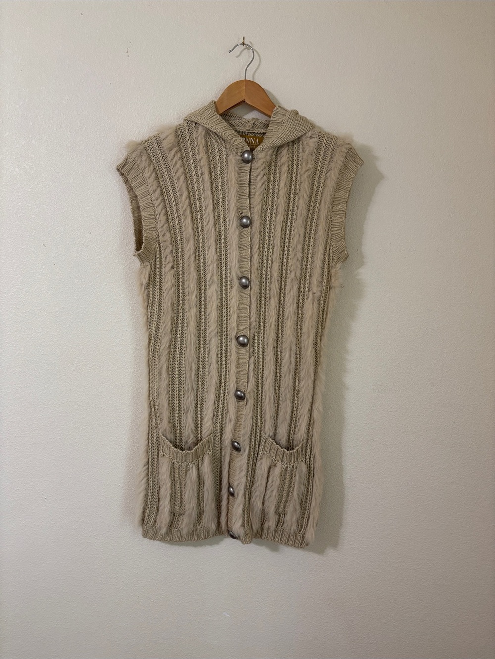 Donna Vinci Sleeveless Hooded Button-Front Knit Rabbit Fur Cardigan Tan Size S
